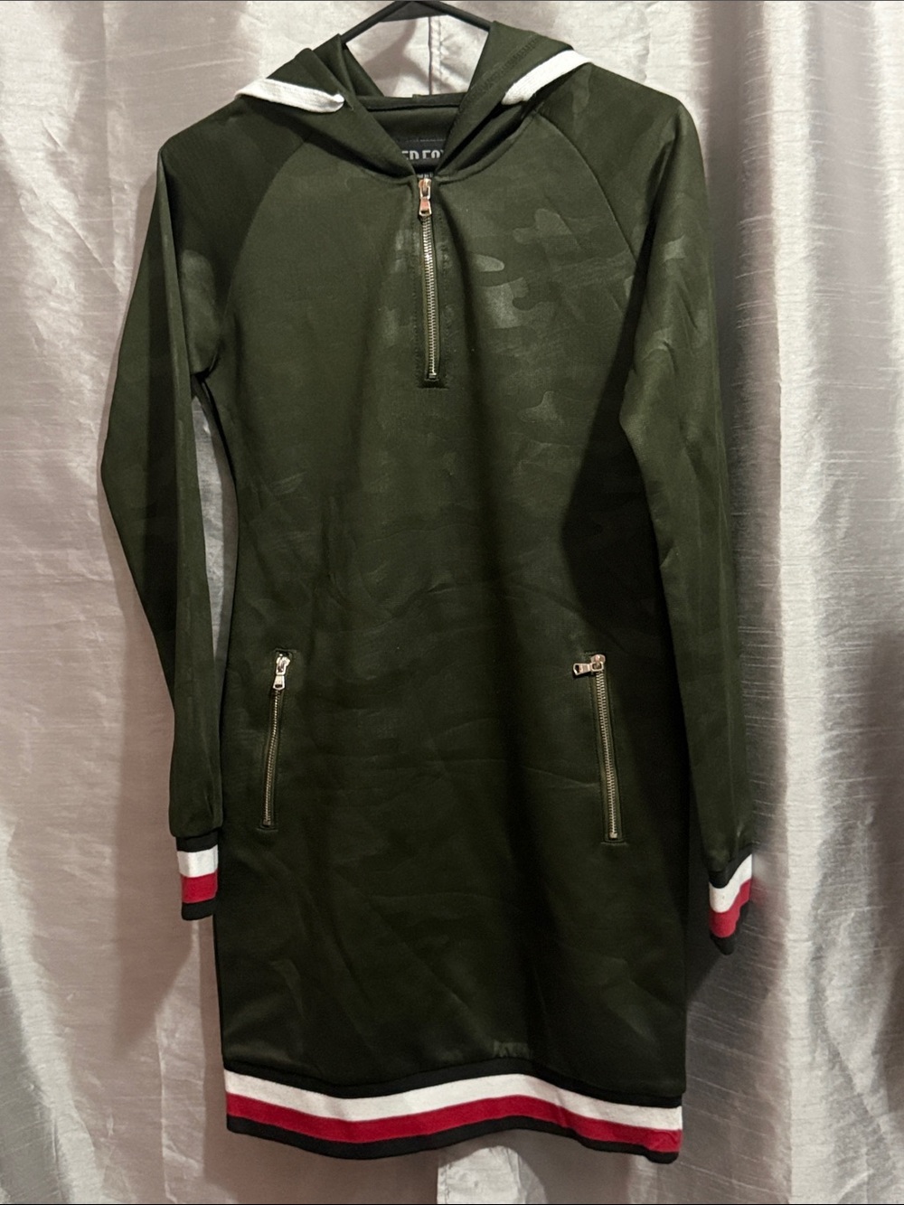 Hooded Long-Sleeve Dress with Stripe Trim in Olive Green